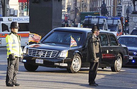 U.S. President Barack Obama's motorcade turns into Downing Street in London April 1, 2009